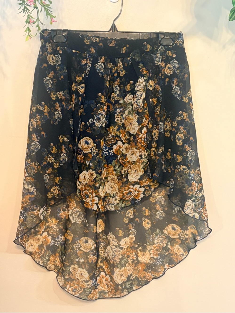 BERSHKA Navy Floral High-Low Sheer Elastic Waist Skirt